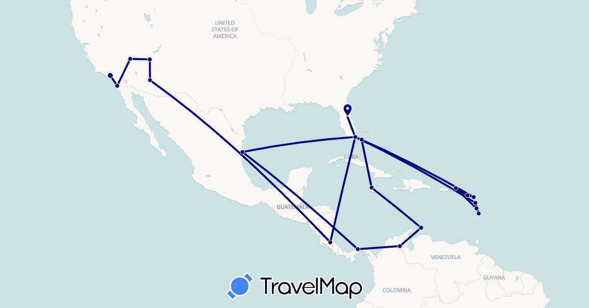 TravelMap itinerary: driving in Antigua and Barbuda, Bahamas, Colombia, Costa Rica, Dominica, France, Jamaica, Saint Kitts and Nevis, Mexico, Netherlands, Panama, United States, British Virgin Islands (Europe, North America, South America)
